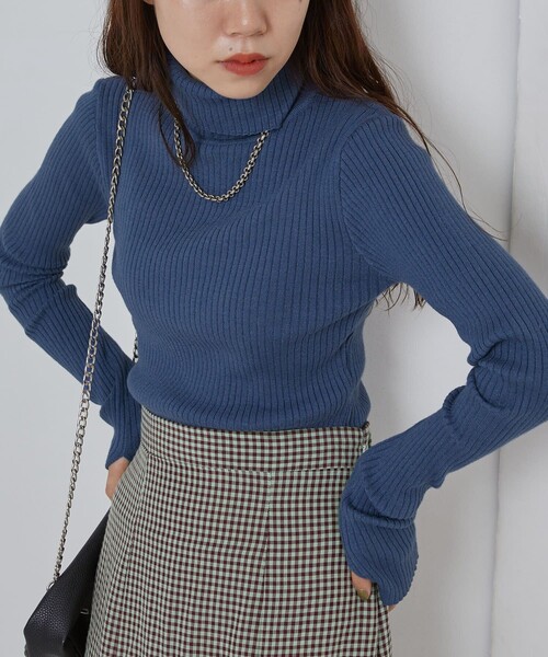 PUBLUX（パブリュクス）の「PUBLUX/パブリュクス リブタートルカラーニット フィンガーホール(指穴)デザイン（ニット/セーター・レディース・ブラック/ナチュラル/ブルーグリーン/グリーン/ブラウン/ピンク/ブルー・ﾌﾘ-）」の19枚目の写真