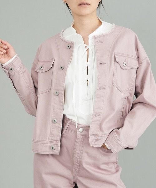 AMERICAN HOLIC(アメリカンホリック)の「ノーカラーカバーオール(デニムジャケット・レディース・カーキ/ピンク・M/L)」の2枚目の写真