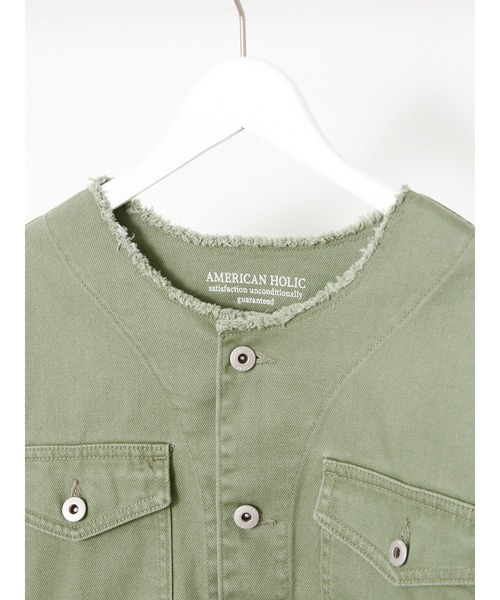 AMERICAN HOLIC(アメリカンホリック)の「ノーカラーカバーオール(デニムジャケット・レディース・カーキ/ピンク・M/L)」の20枚目の写真