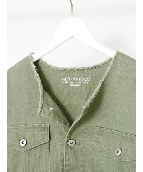 AMERICAN HOLIC(アメリカンホリック)の「ノーカラーカバーオール(デニムジャケット・レディース・カーキ/ピンク・M/L)」の19枚目の写真
