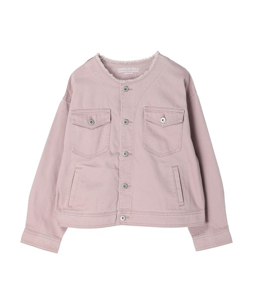 AMERICAN HOLIC(アメリカンホリック)の「ノーカラーカバーオール(デニムジャケット・レディース・カーキ/ピンク・M/L)」の4枚目の写真