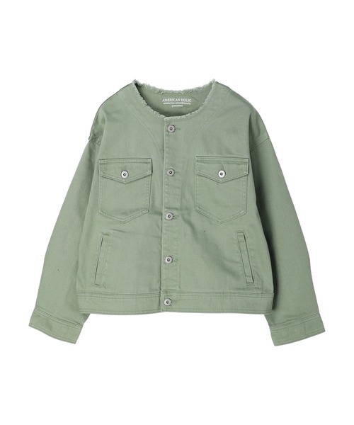 AMERICAN HOLIC(アメリカンホリック)の「ノーカラーカバーオール(デニムジャケット・レディース・カーキ/ピンク・M/L)」の3枚目の写真