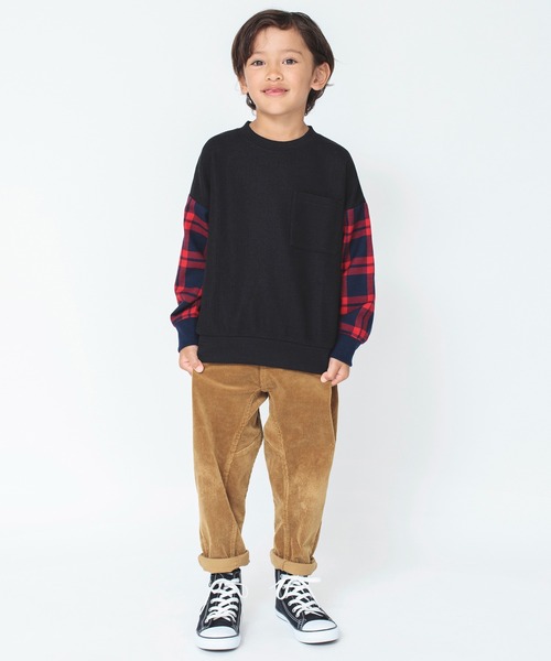 BRANSHES（ブランシェス）の「チェック柄袖切替トレーナー（スウェット・キッズ・ブラック/ライトグリーン・140/100/150/120/130/110/90）」の3枚目の写真