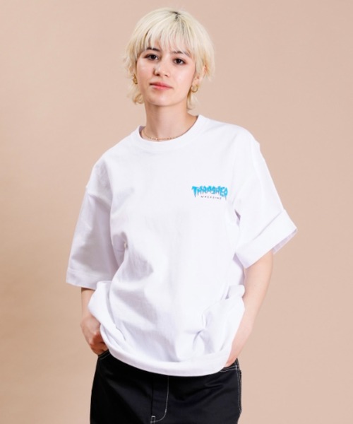 THRASHER(スラッシャー)の「【ムラサキスポーツ別注】THRASHER スラッシャー ビッグシルエット/オーバーサイズ/無地/バックプリントロゴTシャツ THML-007(Tシャツ/カットソー・レディース・ホワイト×グリーン/ホワイト×ブルー/ブラック×イエロー・M/L)」の9枚目の写真