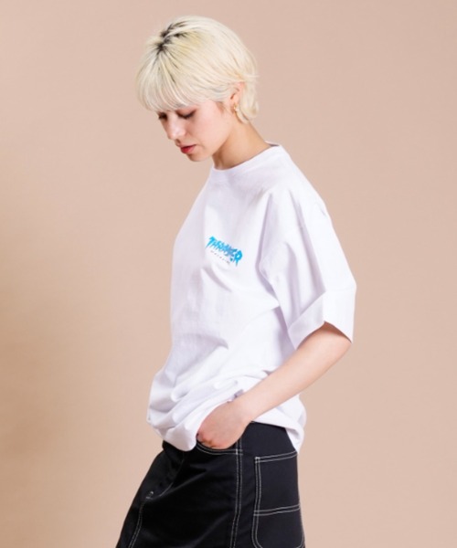 THRASHER(スラッシャー)の「【ムラサキスポーツ別注】THRASHER スラッシャー ビッグシルエット/オーバーサイズ/無地/バックプリントロゴTシャツ THML-007(Tシャツ/カットソー・レディース・ホワイト×グリーン/ホワイト×ブルー/ブラック×イエロー・M/L)」の10枚目の写真
