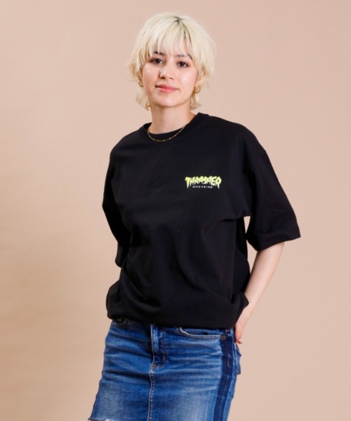 THRASHER(スラッシャー)の「【ムラサキスポーツ別注】THRASHER スラッシャー ビッグシルエット/オーバーサイズ/無地/バックプリントロゴTシャツ THML-007(Tシャツ/カットソー・レディース・ホワイト×グリーン/ホワイト×ブルー/ブラック×イエロー・M/L)」の15枚目の写真