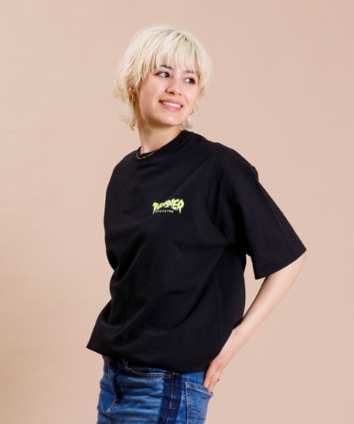 THRASHER(スラッシャー)の「【ムラサキスポーツ別注】THRASHER スラッシャー ビッグシルエット/オーバーサイズ/無地/バックプリントロゴTシャツ THML-007(Tシャツ/カットソー・レディース・ホワイト×グリーン/ホワイト×ブルー/ブラック×イエロー・M/L)」の16枚目の写真