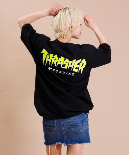 THRASHER(スラッシャー)の「【ムラサキスポーツ別注】THRASHER スラッシャー ビッグシルエット/オーバーサイズ/無地/バックプリントロゴTシャツ THML-007(Tシャツ/カットソー・レディース・ホワイト×グリーン/ホワイト×ブルー/ブラック×イエロー・M/L)」の17枚目の写真