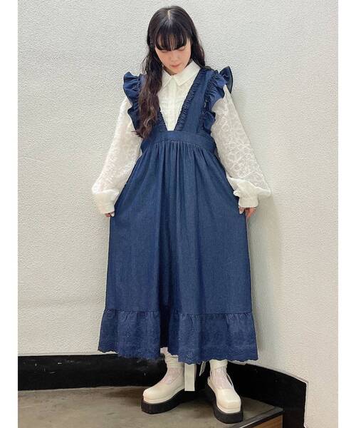 merry jenny（メリージェニー）の「デニムフリルレイヤードワンピース（ワンピース・レディース・インディゴブルー/ブラック・FREE）」の3枚目の写真