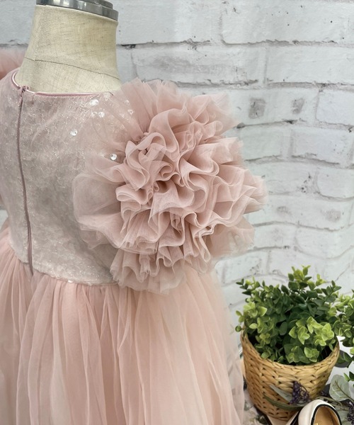 ピンクのフリル袖チュールワンピース ワンピース キッズ 女の子 リボン フリル袖 チュールスカート ふんわり