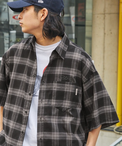 ロレックス　正規品　半袖　シャツ retock's】ロゴ刺繍 オンブレチェック ビッグシルエット半袖