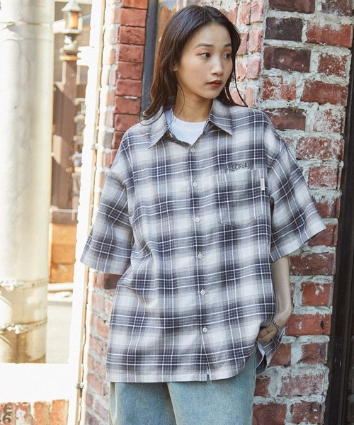 セール】【retock's】ロゴ刺繍 オンブレチェック ビッグシルエット半袖