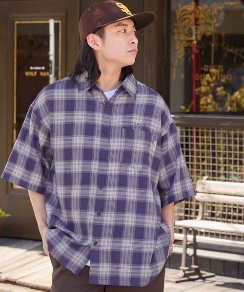 セール】【retock's】ロゴ刺繍 オンブレチェック ビッグシルエット半袖