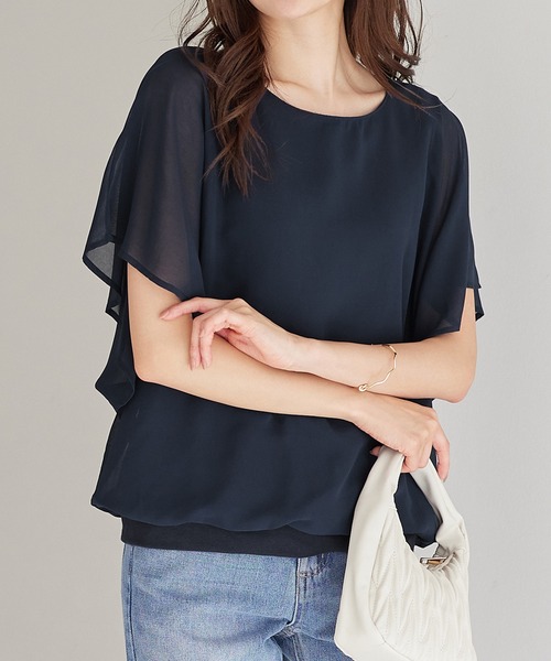 alotta(アロッタ)の「インナー付袖フリルシフォンブラウス(シャツ/ブラウス・レディース・ライトグレー/ブラック/コバルトブルー/オフホワイト/ピンク/グレイッシュベージュ/ネイビー・MEDIUM/LARGE/XX-LARGE/X-LARGE/XXXX-LARGE/XXX-LARGE)」の1枚目の写真