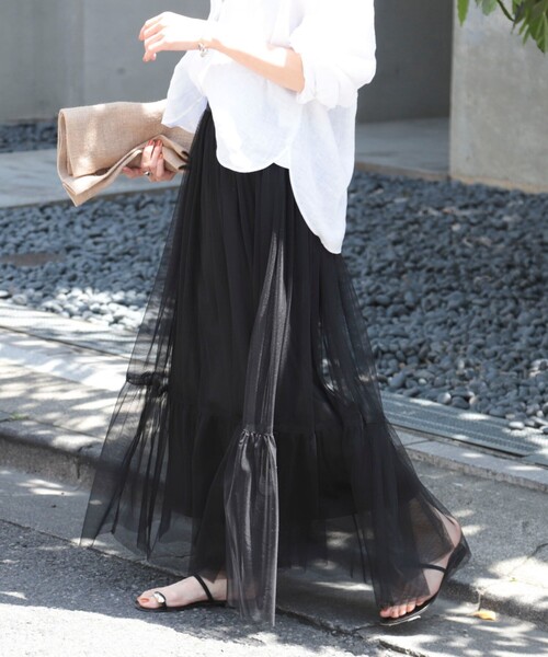 NOLLEY’S（ノーリーズ）の「◇【WEB限定】チュールスカート（スカート・レディース・ブラック/オリーブ・38/36）」の2枚目の写真
