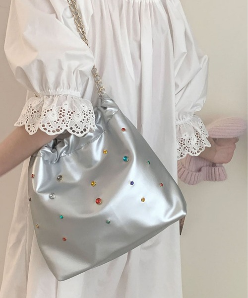 ビーズ装飾 シルバーショルダーバッグ シルバー ビーズバッグ ショルダーバッグ パーティー (ショルダー