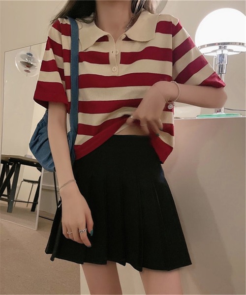 MAISON DE THERESE（メゾン ド テレーズ）の「ニットボーダー半袖ポロシャツ（ポロシャツ・レディース・ブルー/ブラック/レッド・M）」の3枚目の写真