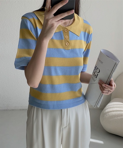 MAISON DE THERESE（メゾン ド テレーズ）の「ニットボーダー半袖ポロシャツ（ポロシャツ・レディース・ブルー/ブラック/レッド・M）」の2枚目の写真