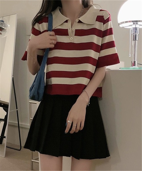 MAISON DE THERESE（メゾン ド テレーズ）の「ニットボーダー半袖ポロシャツ（ポロシャツ・レディース・ブルー/ブラック/レッド・M）」の4枚目の写真