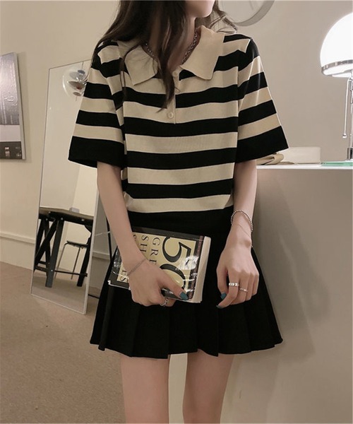 MAISON DE THERESE（メゾン ド テレーズ）の「ニットボーダー半袖ポロシャツ（ポロシャツ・レディース・ブルー/ブラック/レッド・M）」の6枚目の写真