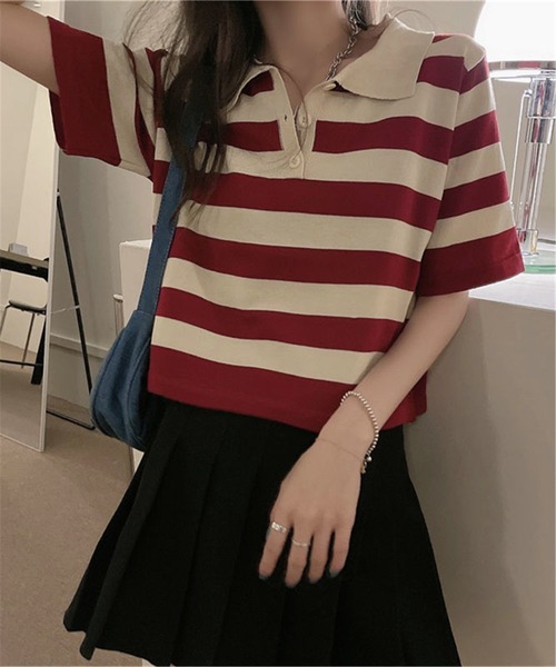 MAISON DE THERESE（メゾン ド テレーズ）の「ニットボーダー半袖ポロシャツ（ポロシャツ・レディース・ブルー/ブラック/レッド・M）」の5枚目の写真