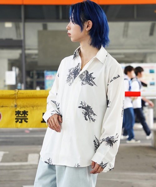 1111clothing(ワンフォークロージング)の「フラワー柄 シルキータッチ ルーズシャツ / Flower Pattern Silky Touch Loose Shirt(シャツ/ブラウス・メンズ・ブラック×グレー/ブラック×ブルー/ホワイト×グレー/ホワイト×ブルー・L/M)」の14枚目の写真