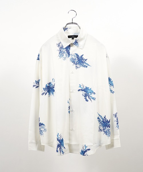 1111clothing(ワンフォークロージング)の「フラワー柄 シルキータッチ ルーズシャツ / Flower Pattern Silky Touch Loose Shirt(シャツ/ブラウス・メンズ・ブラック×グレー/ブラック×ブルー/ホワイト×グレー/ホワイト×ブルー・L/M)」の5枚目の写真