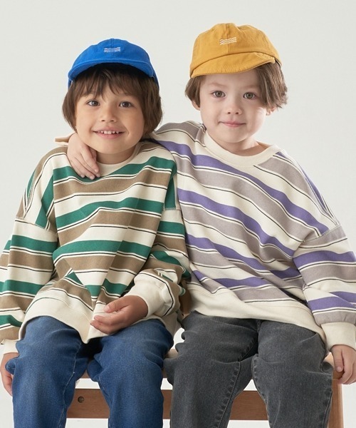 b・ROOM（ビールーム）の「【表コットン毛玉バイバイ裏起毛】プリントボーダービッグスウェット（スウェット・キッズ・ブラック/グリーン/オレンジ/パープル・120cm/140cm/150cm/130cm/100cm/110cm）」の5枚目の写真