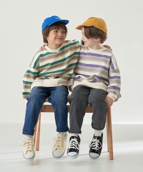 b・ROOM（ビールーム）の「【表コットン毛玉バイバイ裏起毛】プリントボーダービッグスウェット（スウェット・キッズ・ブラック/グリーン/オレンジ/パープル・120cm/140cm/150cm/130cm/100cm/110cm）」の6枚目の写真