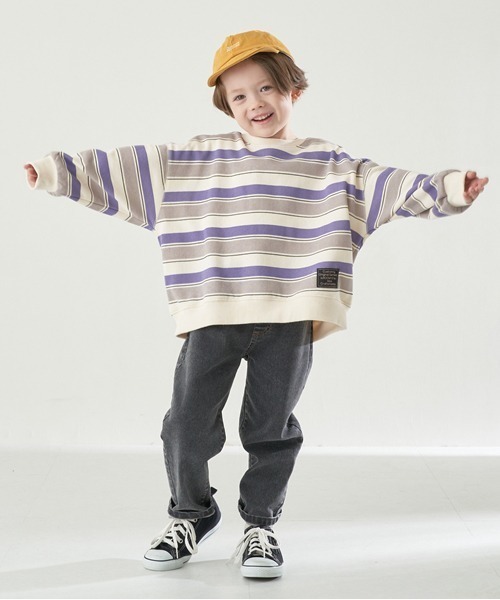 b・ROOM（ビールーム）の「【表コットン毛玉バイバイ裏起毛】プリントボーダービッグスウェット（スウェット・キッズ・ブラック/グリーン/オレンジ/パープル・120cm/140cm/150cm/130cm/100cm/110cm）」の13枚目の写真