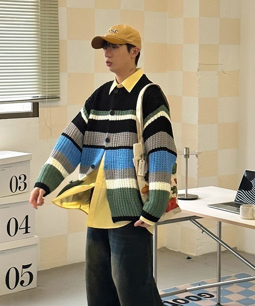 ALL RUNS（オールランズ）の「▲リラックスフィットボーダーカーディガン（カーディガン/ボレロ・メンズ・ピンク/ブラック・2XL/XL/L）」の3枚目の写真