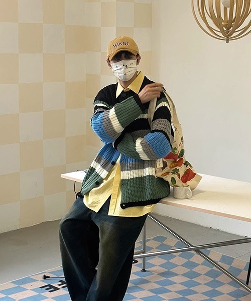 ALL RUNS（オールランズ）の「▲リラックスフィットボーダーカーディガン（カーディガン/ボレロ・メンズ・ピンク/ブラック・2XL/XL/L）」の7枚目の写真