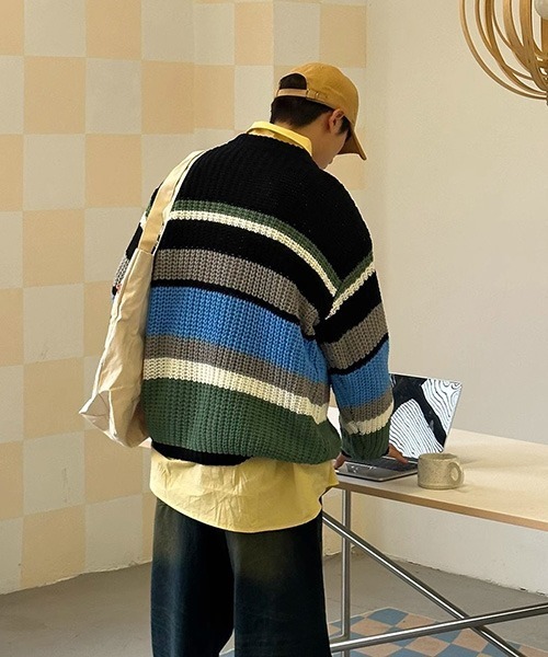 ALL RUNS（オールランズ）の「▲リラックスフィットボーダーカーディガン（カーディガン/ボレロ・メンズ・ピンク/ブラック・2XL/XL/L）」の6枚目の写真