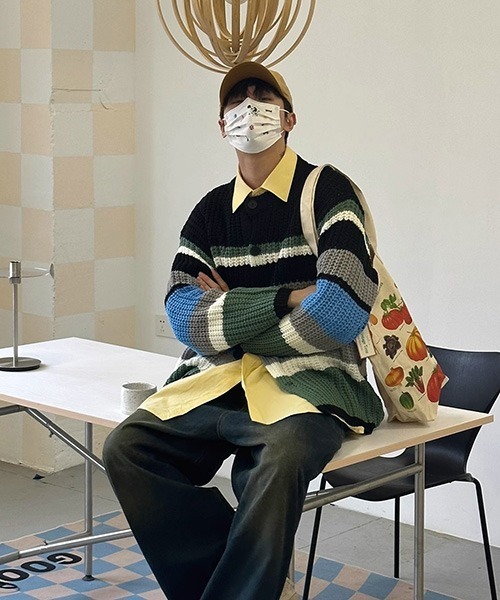 ALL RUNS（オールランズ）の「▲リラックスフィットボーダーカーディガン（カーディガン/ボレロ・メンズ・ピンク/ブラック・2XL/XL/L）」の4枚目の写真