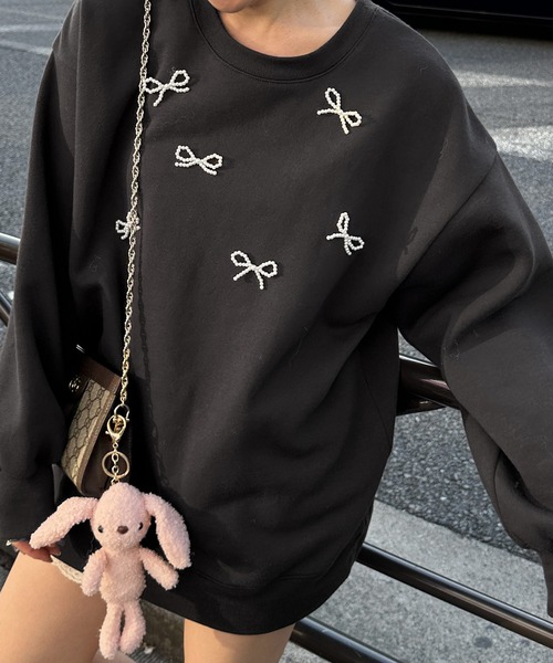 Alley by w closet（アリーバイダブルクローゼット）の「【Alley】リボンプルオーバー（スウェット・レディース・チャコールグレー/ホワイト・FREE）」の2枚目の写真