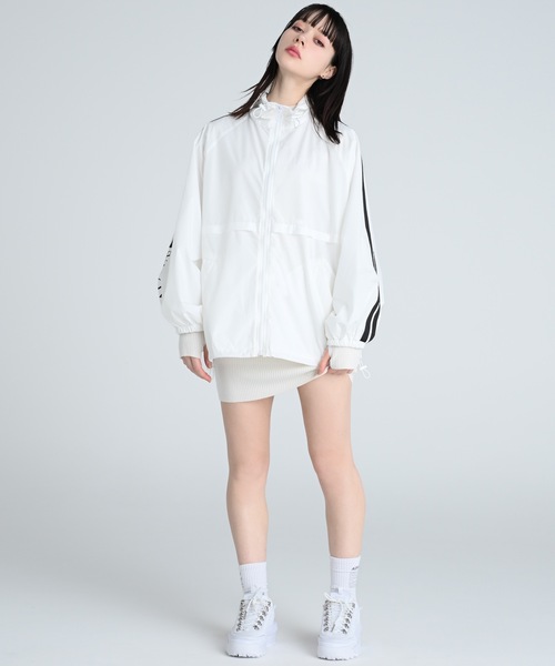 LOHEN ボトルネック レイヤードブルゾン　ホワイト double line logo sleeve blouson/ダブルロゴスリーブブルゾン