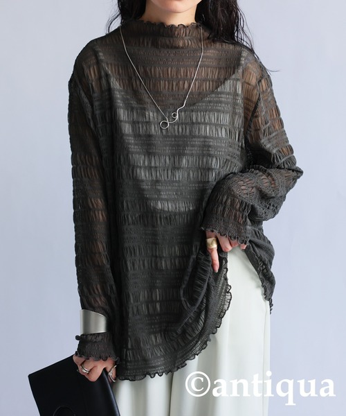 antiqua(アンティカ)の「シャーリングシアートップス(Tシャツ/カットソー・レディース・ブラック/ブラウン系その他/ホワイト/グリーン・FREE)」の4枚目の写真
