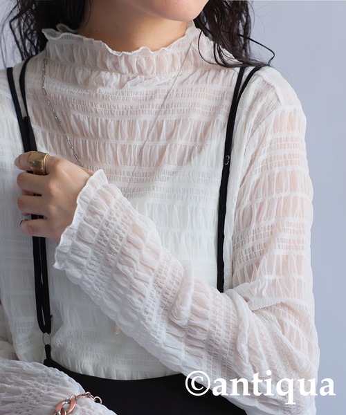 antiqua(アンティカ)の「シャーリングシアートップス(Tシャツ/カットソー・レディース・ブラック/ブラウン系その他/ホワイト/グリーン・FREE)」の2枚目の写真