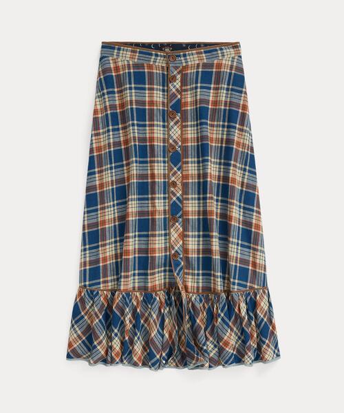 NEW【RRL Ralph Lauren】ワークウェア風 綿麻 チェック スカート チェック コットン ドローストリング マキシスカート | ラルフ