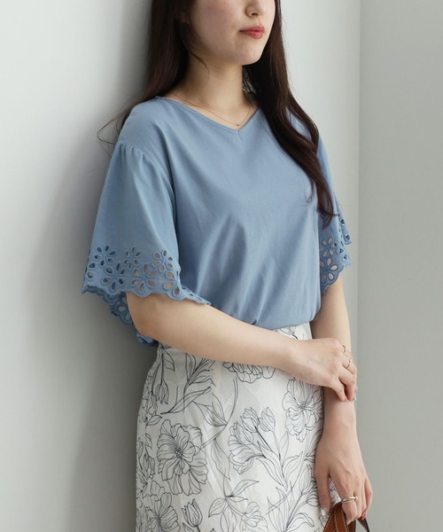 alotta(アロッタ)の「さらひやりコットン袖レースプルオーバー(Tシャツ/カットソー・レディース・ブルー/ホワイト/ライトベージュ/ブラック/ラベンダー・3L/L/4L/LL/M/5L)」の14枚目の写真