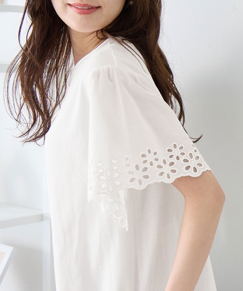 alotta(アロッタ)の「さらひやりコットン袖レースプルオーバー(Tシャツ/カットソー・レディース・ブルー/ホワイト/ライトベージュ/ブラック/ラベンダー・3L/L/4L/LL/M/5L)」の18枚目の写真