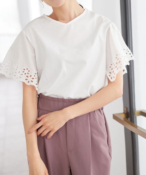 alotta(アロッタ)の「さらひやりコットン袖レースプルオーバー(Tシャツ/カットソー・レディース・ブルー/ホワイト/ライトベージュ/ブラック/ラベンダー・3L/L/4L/LL/M/5L)」の21枚目の写真