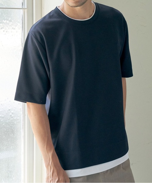 ikka(イッカ)の「【吸水速乾】ドライ鹿の子5分袖レイヤードTシャツ(Tシャツ/カットソー・メンズ・ベージュ/オリーブ/ネイビー/ブルー/チャコールグレー/ワイン・L/M/S/XL)」の1枚目の写真