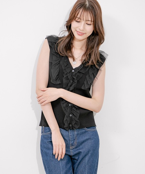 Jayro(ジャイロ)の「フリル付きニットノースリーブプルオーバー(Tシャツ/カットソー・レディース・チャコールグレー/ブラック/サックスブルー/オレンジ・M)」の1枚目の写真