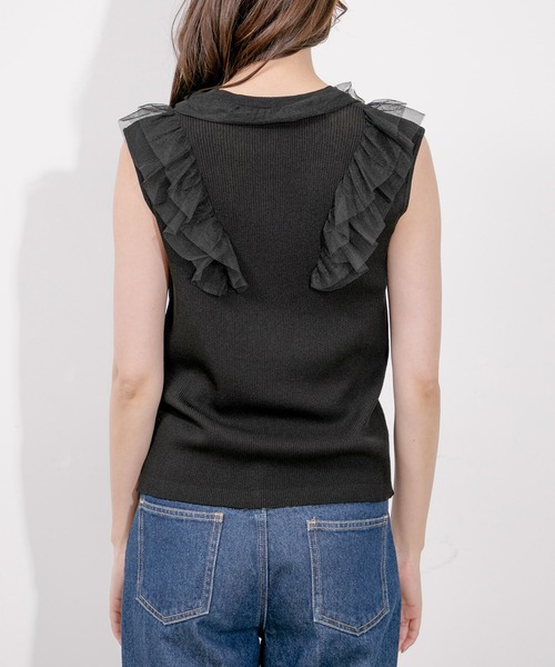 フリル付きノースリーブニット セール】 フリルつきノースリーブニット （タンクトップ
