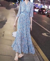 花柄ワンピース5分袖ティアードワンピース半袖半袖