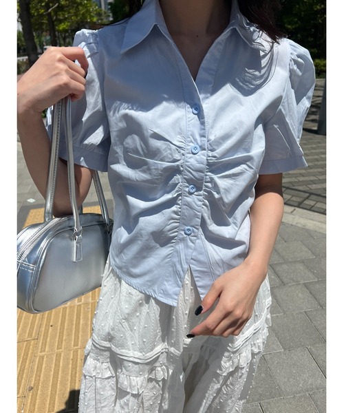 PHILLY（フィリー）の「【PHILLY】オープンカラーパフスリーブTシャツ（シャツ/ブラウス・レディース・ブルー/ホワイト・FREE）」の2枚目の写真