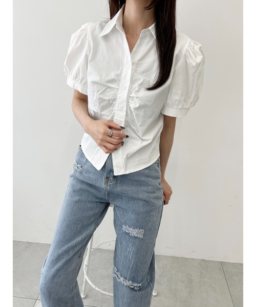 PHILLY（フィリー）の「【PHILLY】オープンカラーパフスリーブTシャツ（シャツ/ブラウス・レディース・ブルー/ホワイト・FREE）」の12枚目の写真