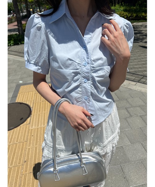 PHILLY（フィリー）の「【PHILLY】オープンカラーパフスリーブTシャツ（シャツ/ブラウス・レディース・ブルー/ホワイト・FREE）」の14枚目の写真