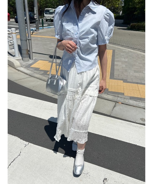 PHILLY（フィリー）の「【PHILLY】オープンカラーパフスリーブTシャツ（シャツ/ブラウス・レディース・ブルー/ホワイト・FREE）」の15枚目の写真